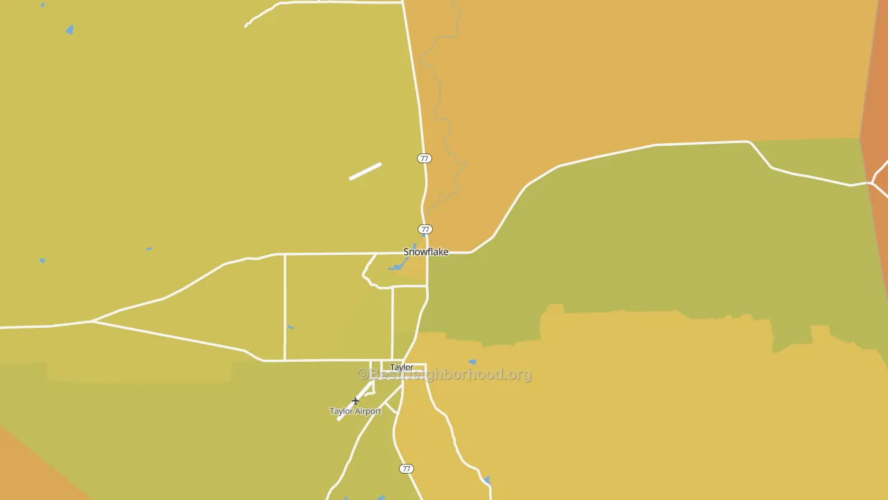 Map of the best neighborhoods in the Snowflake area, with better matches in green and worse matches in red