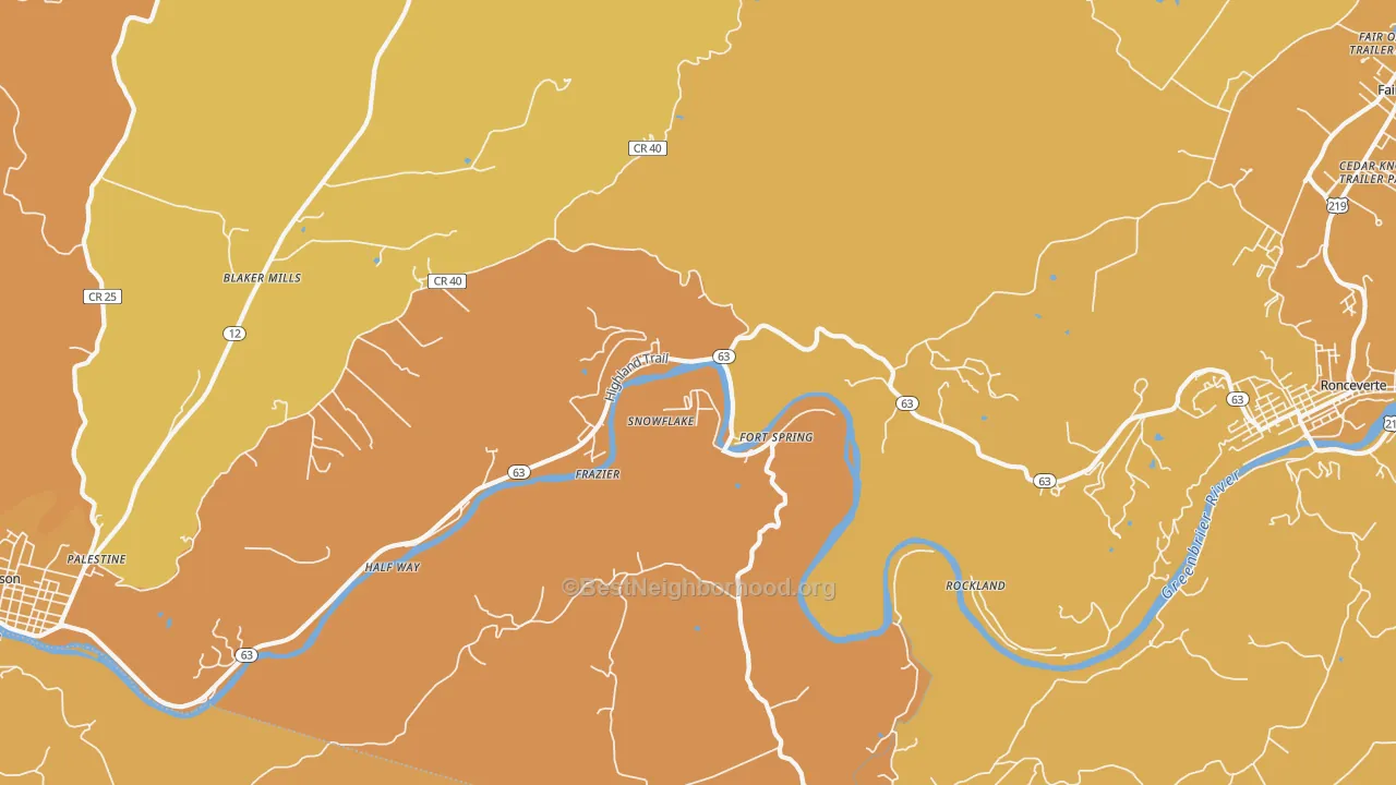 Map of the best neighborhoods in the Snowflake area, with better matches in green and worse matches in red