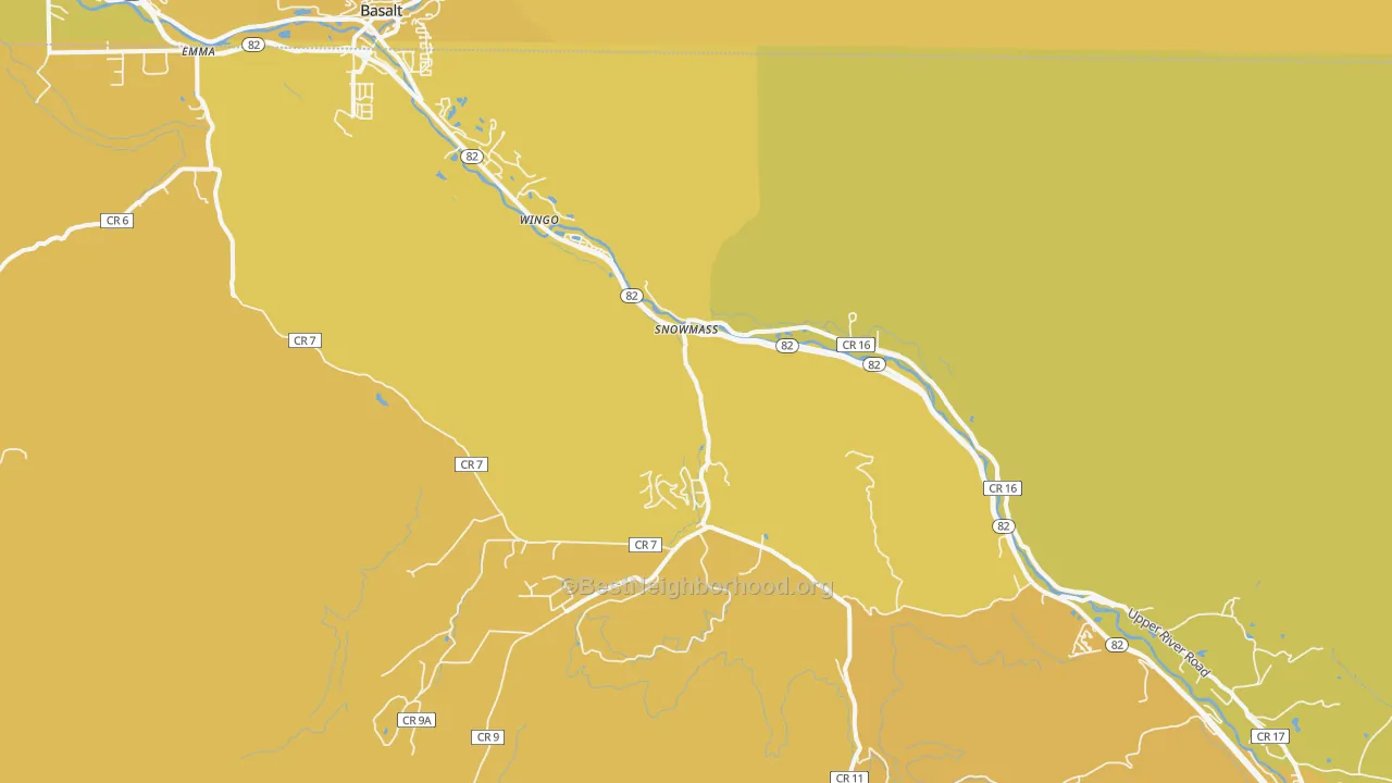 Map of the best neighborhoods in the Snowmass area, with better matches in green and worse matches in red