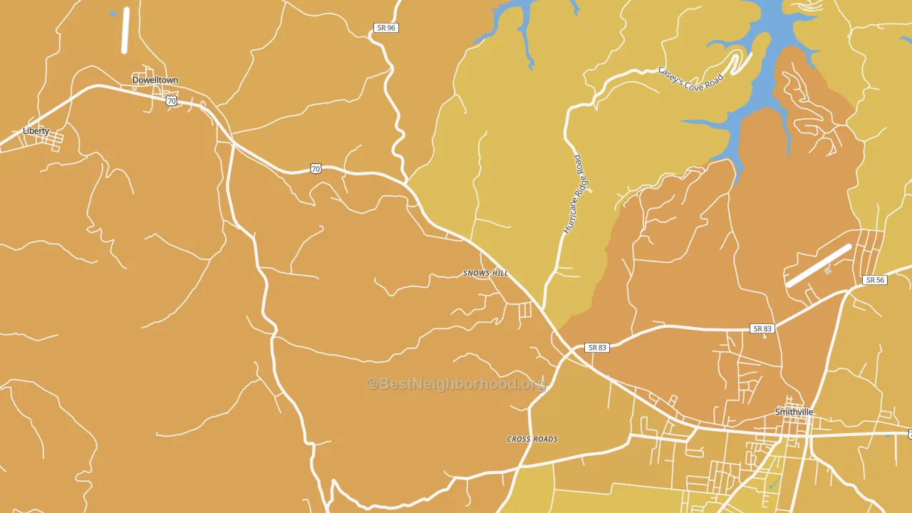 Map of the best neighborhoods in the Snows Hill area, with better matches in green and worse matches in red