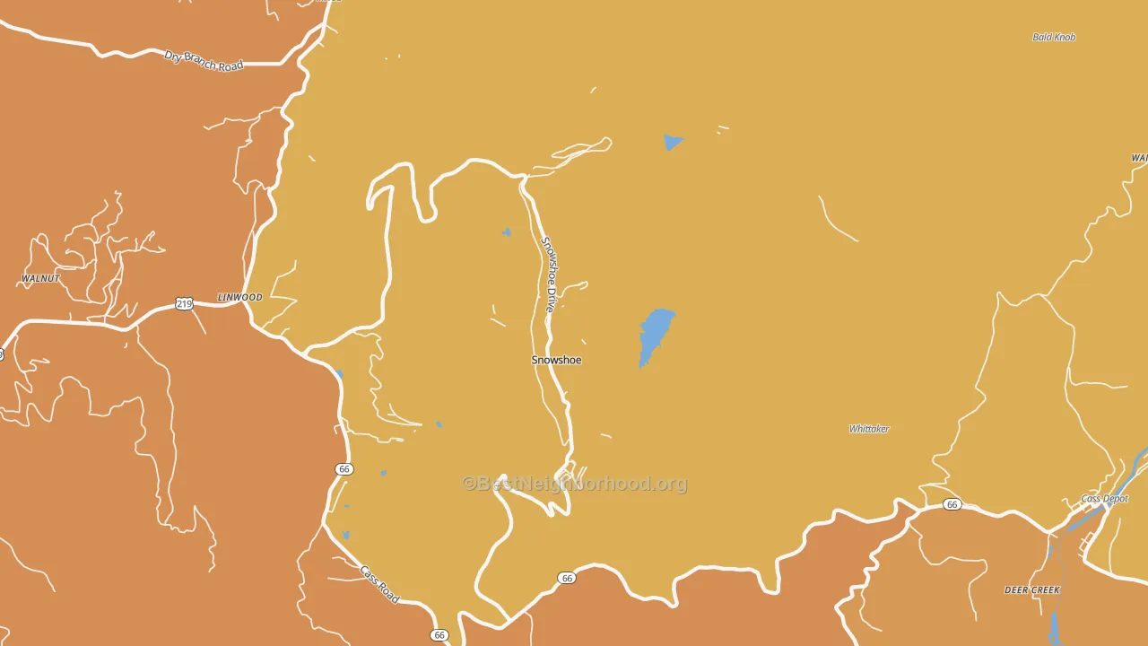 Map of the best neighborhoods in the Snowshoe area, with better matches in green and worse matches in red