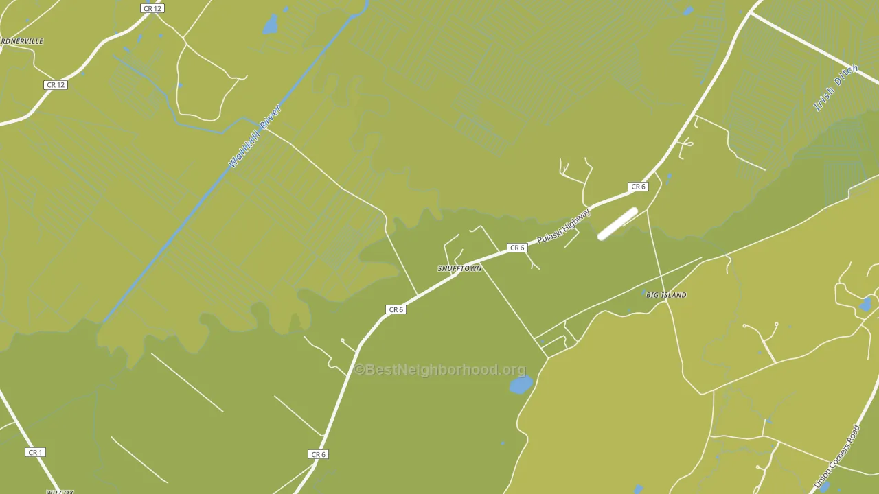 Map of the best neighborhoods in the Snufftown area, with better matches in green and worse matches in red
