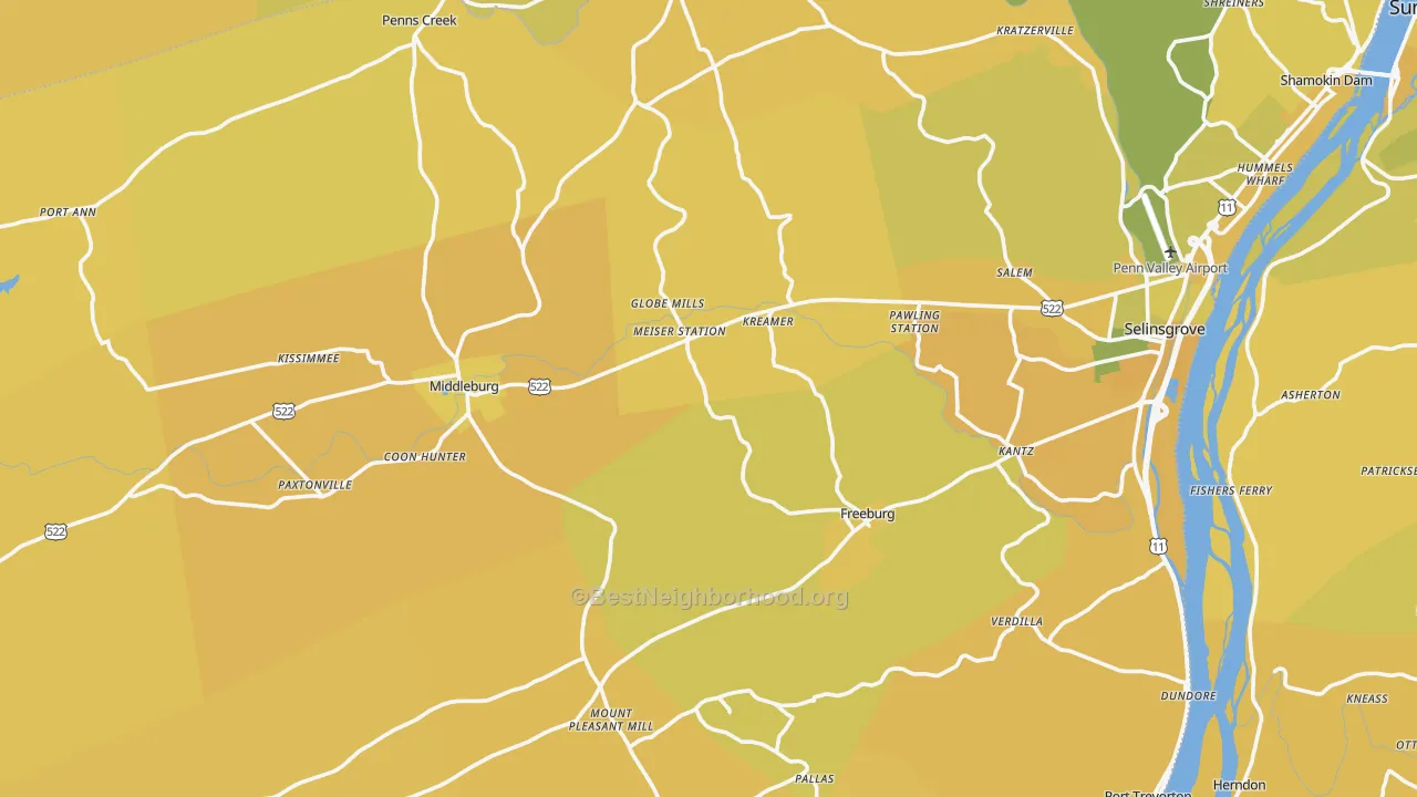 Map of the best neighborhoods in the Snyder County area, with better matches in green and worse matches in red