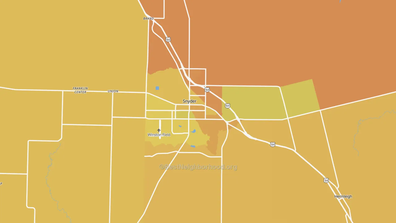 Map of the best neighborhoods in the Snyder area, with better matches in green and worse matches in red