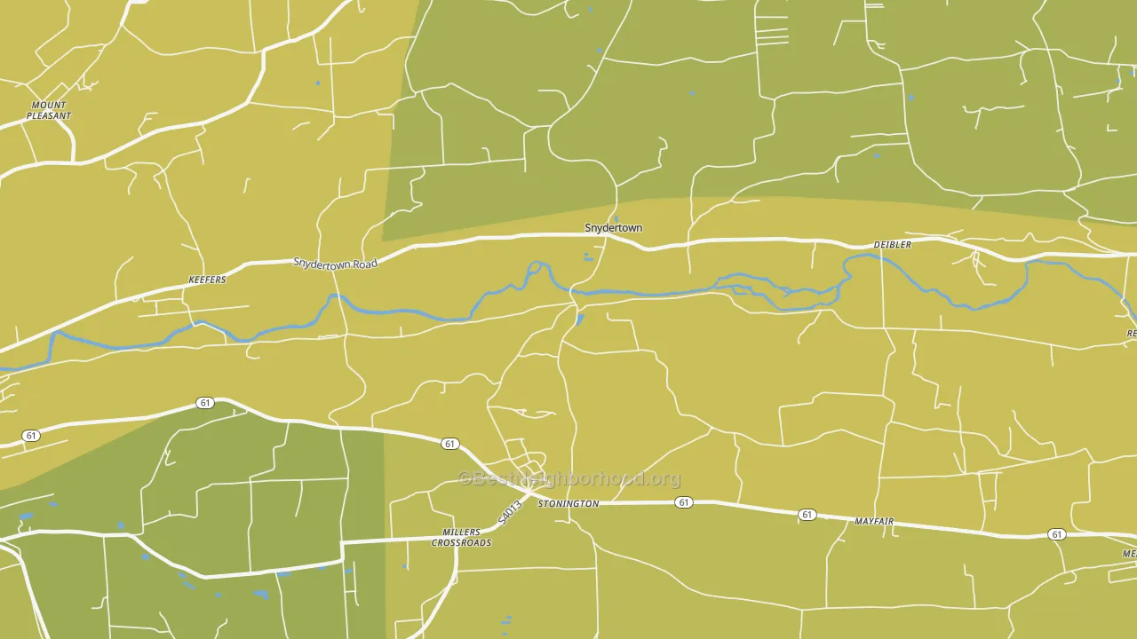 Map of the best neighborhoods in the Snydertown area, with better matches in green and worse matches in red
