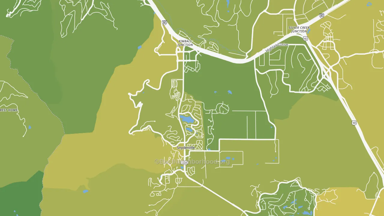 Map of the best neighborhoods in the Snyderville area, with better matches in green and worse matches in red