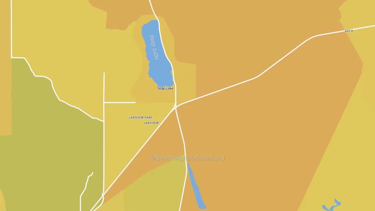 Map of the best neighborhoods in the Soap Lake area, with better matches in green and worse matches in red