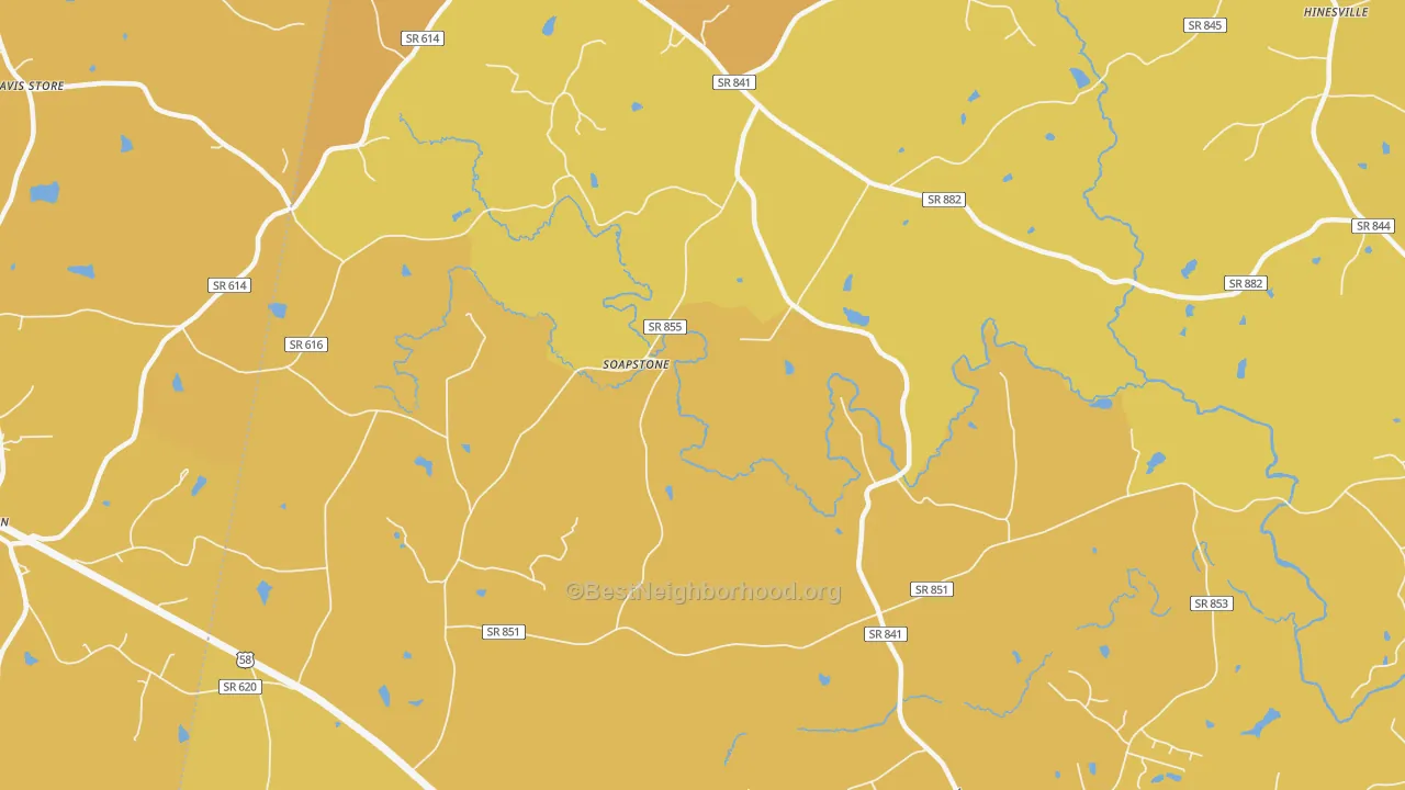 Map of the best neighborhoods in the Soapstone area, with better matches in green and worse matches in red