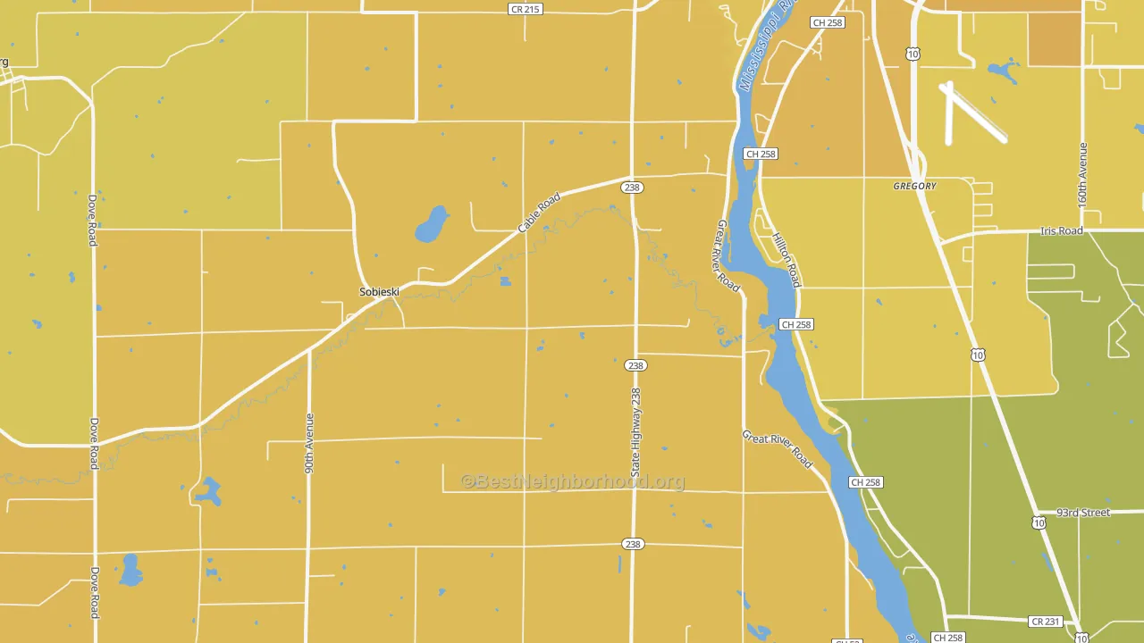 Map of the best neighborhoods in the Sobieski area, with better matches in green and worse matches in red