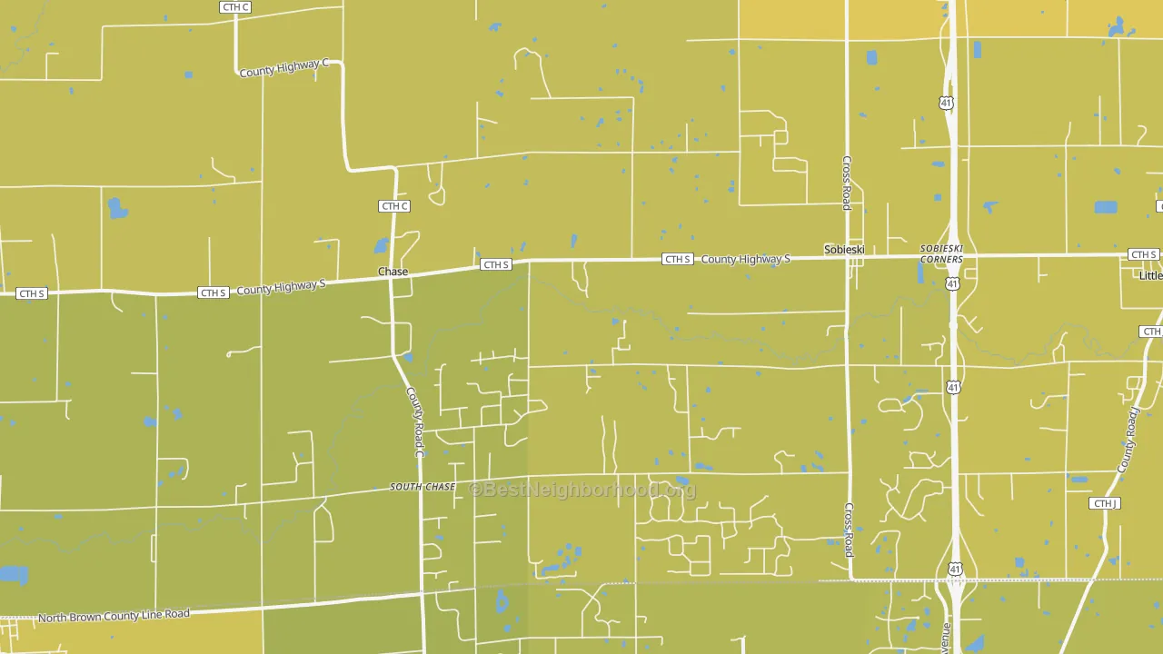 Map of the best neighborhoods in the Sobieski area, with better matches in green and worse matches in red