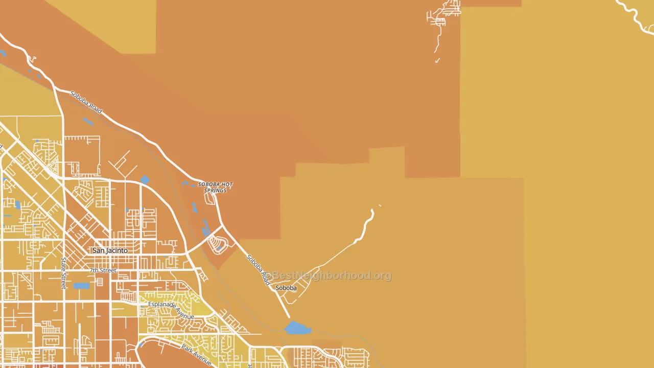 Map of the best neighborhoods in the Soboba Hot Springs area, with better matches in green and worse matches in red