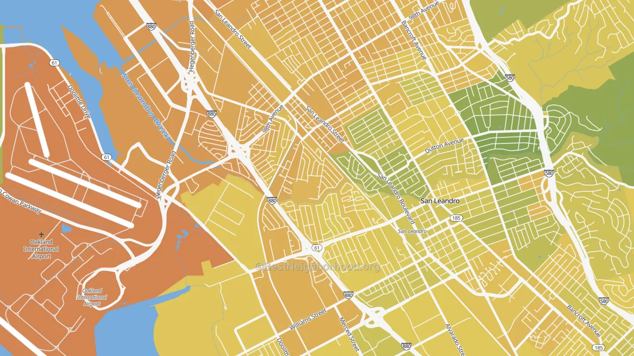 Map of the best neighborhoods in the Sobrante Park, Oakland area, with better matches in green and worse matches in red