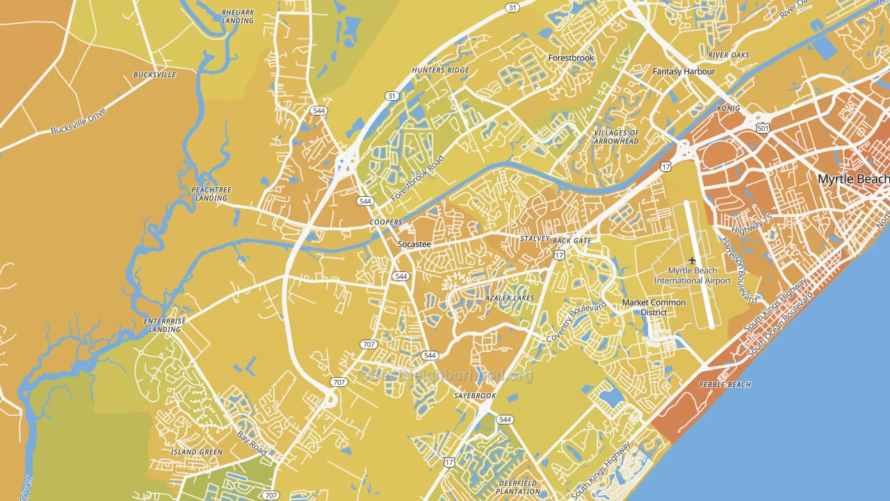 Map of the best neighborhoods in the Socastee area, with better matches in green and worse matches in red