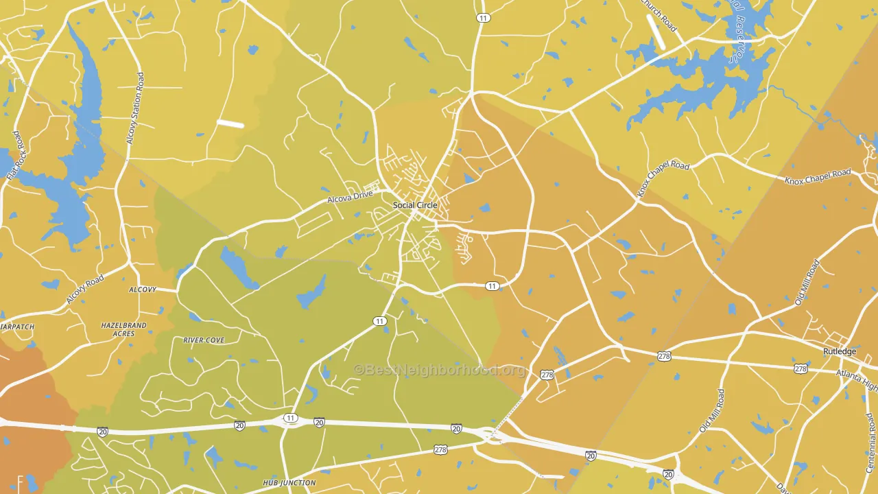 Map of the best neighborhoods in the Social Circle area, with better matches in green and worse matches in red
