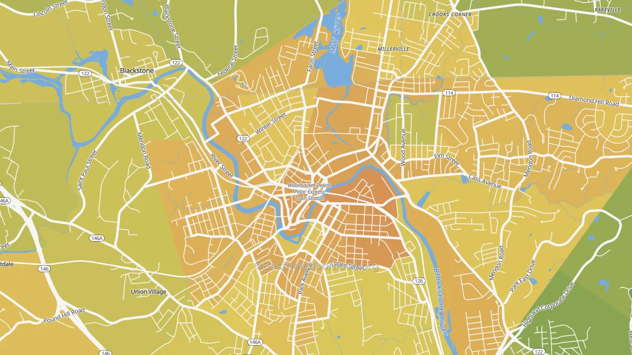 Map of the best neighborhoods in the Social, Woonsocket area, with better matches in green and worse matches in red