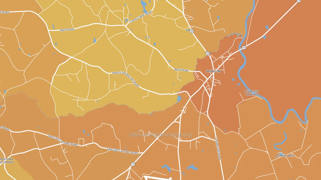 Map of the best neighborhoods in the Society Hill area, with better matches in green and worse matches in red