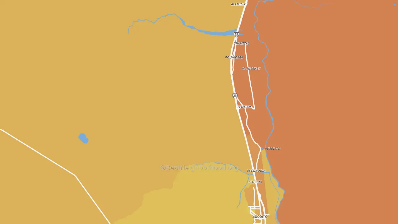 Map of the best neighborhoods in the Socorro County area, with better matches in green and worse matches in red