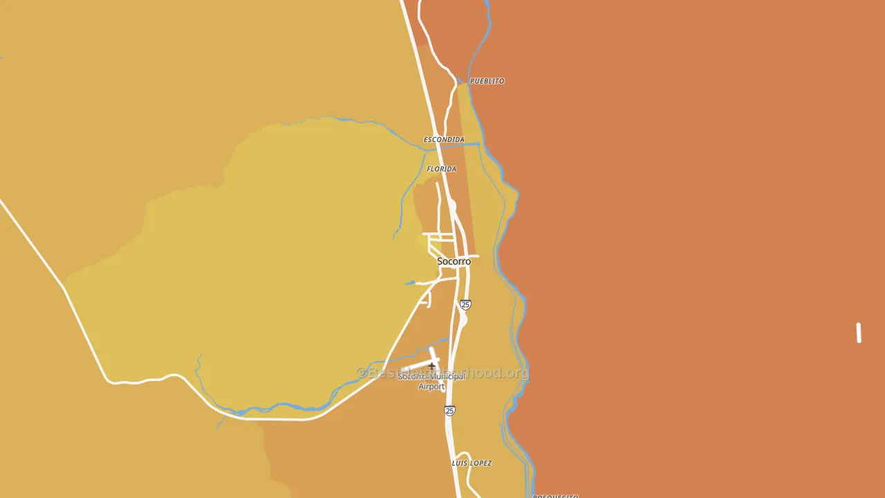 Map of the best neighborhoods in the Socorro area, with better matches in green and worse matches in red