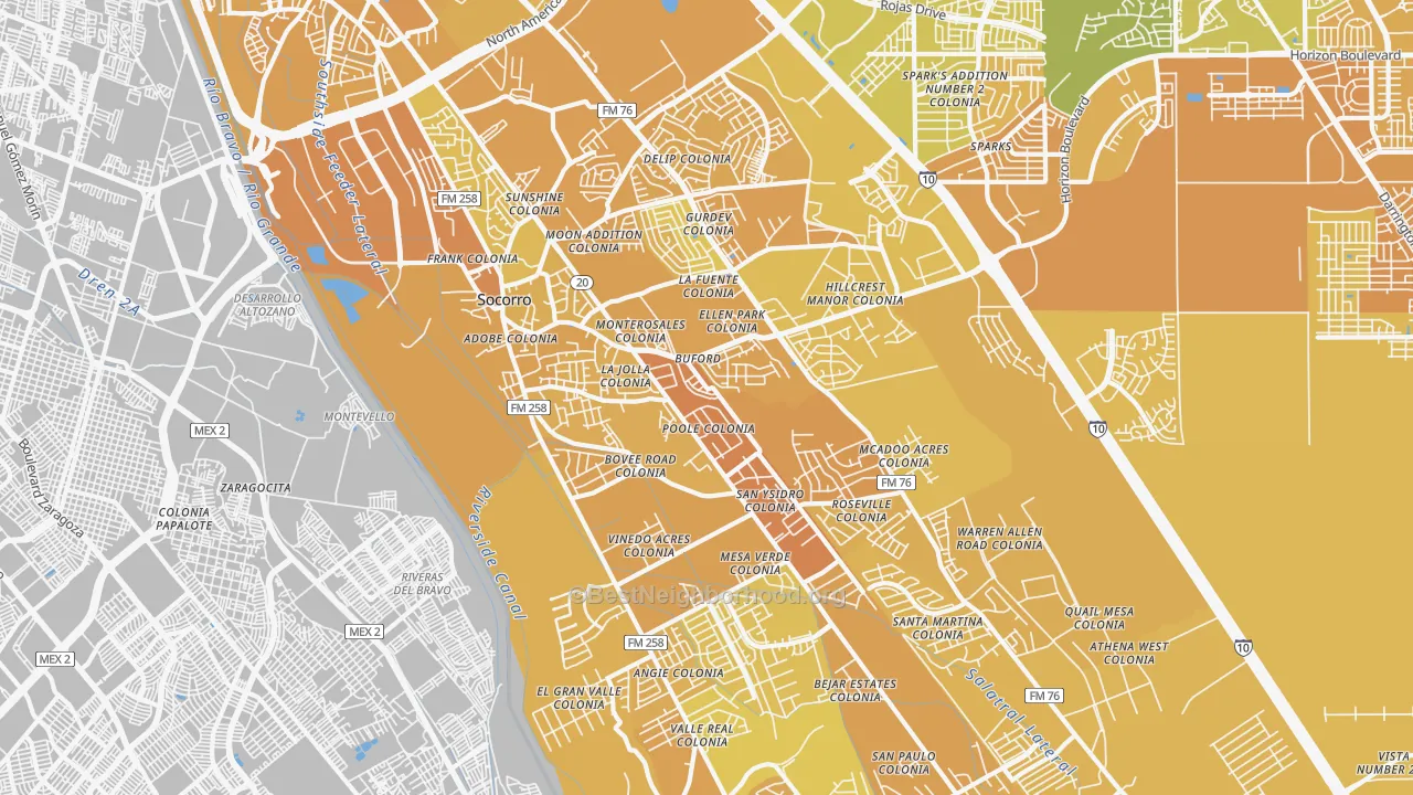 Map of the best neighborhoods in the Socorro area, with better matches in green and worse matches in red