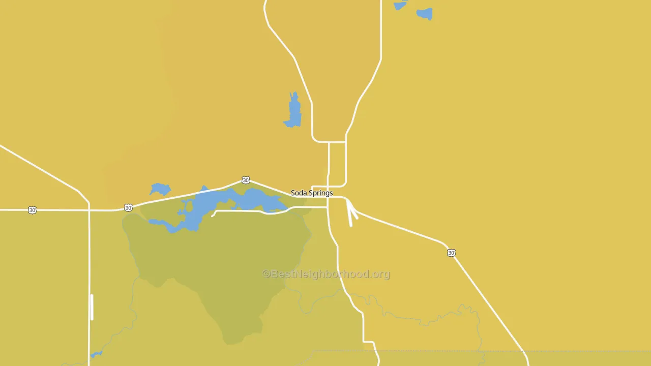Map of the best neighborhoods in the Soda Springs area, with better matches in green and worse matches in red