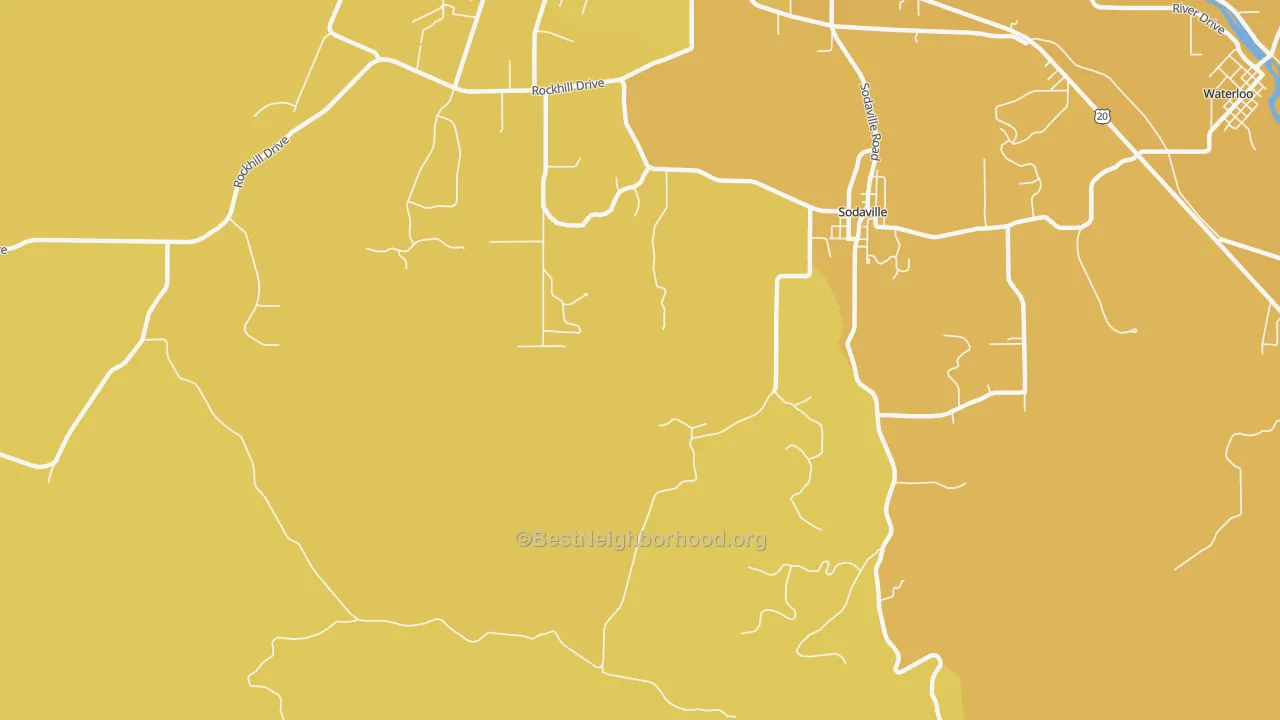 Map of the best neighborhoods in the Sodaville area, with better matches in green and worse matches in red