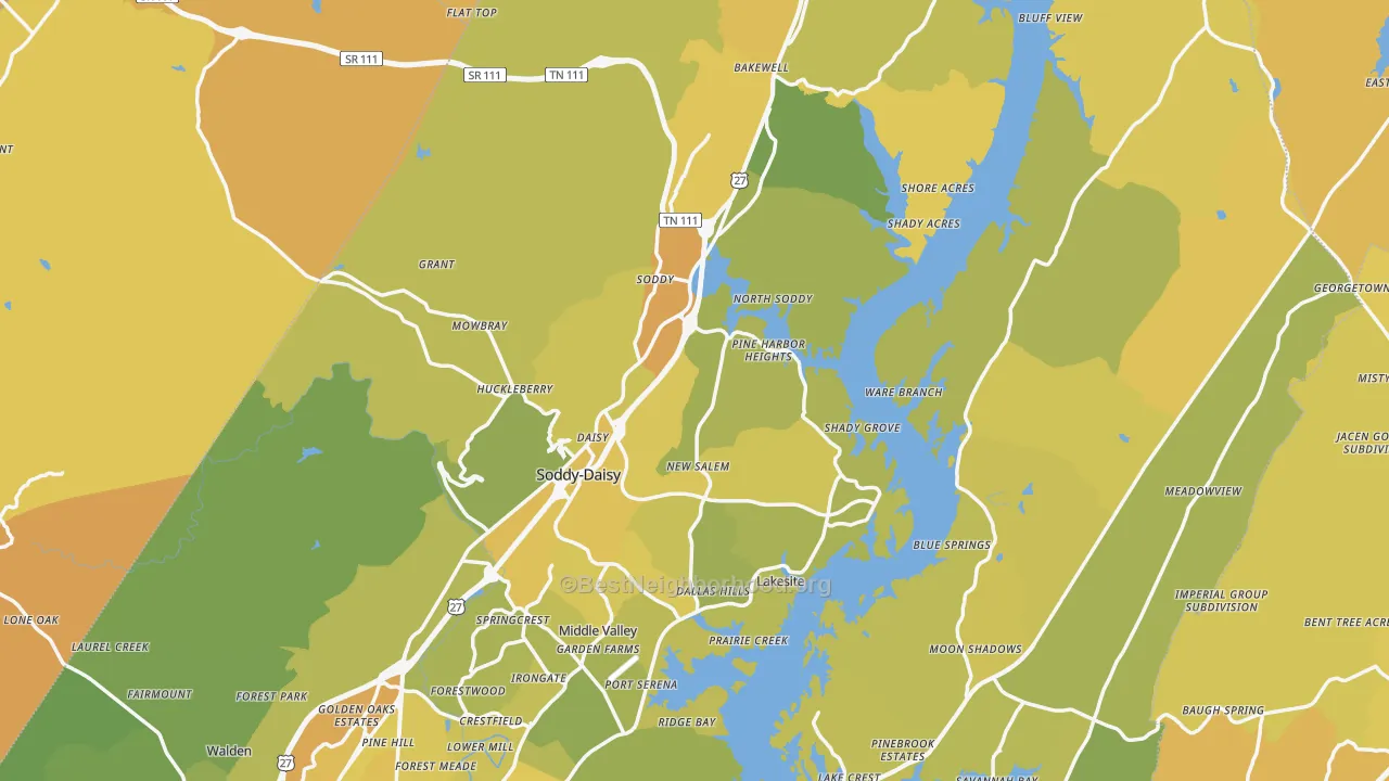 Map of the best neighborhoods in the Soddy-Daisy area, with better matches in green and worse matches in red