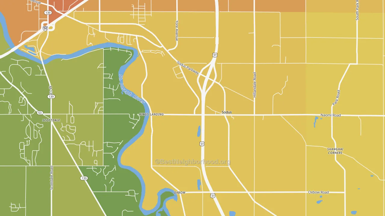 Map of the best neighborhoods in the Sodus area, with better matches in green and worse matches in red