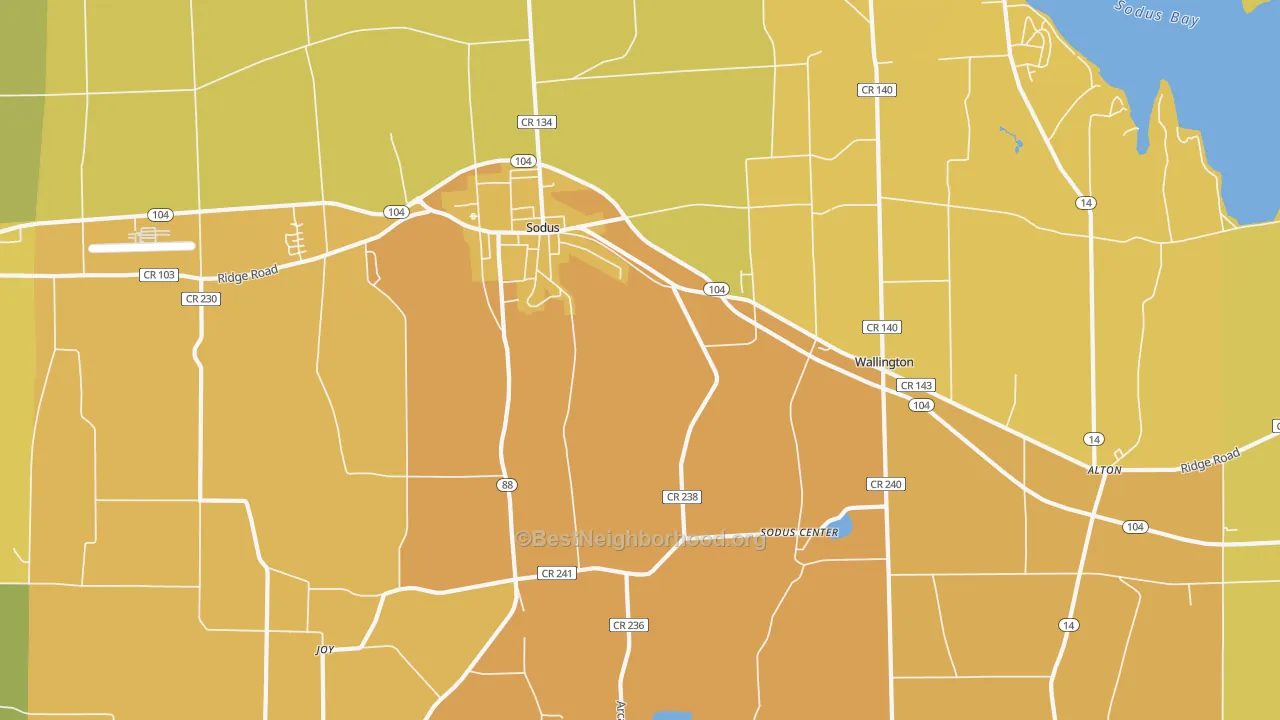 Map of the best neighborhoods in the Sodus area, with better matches in green and worse matches in red