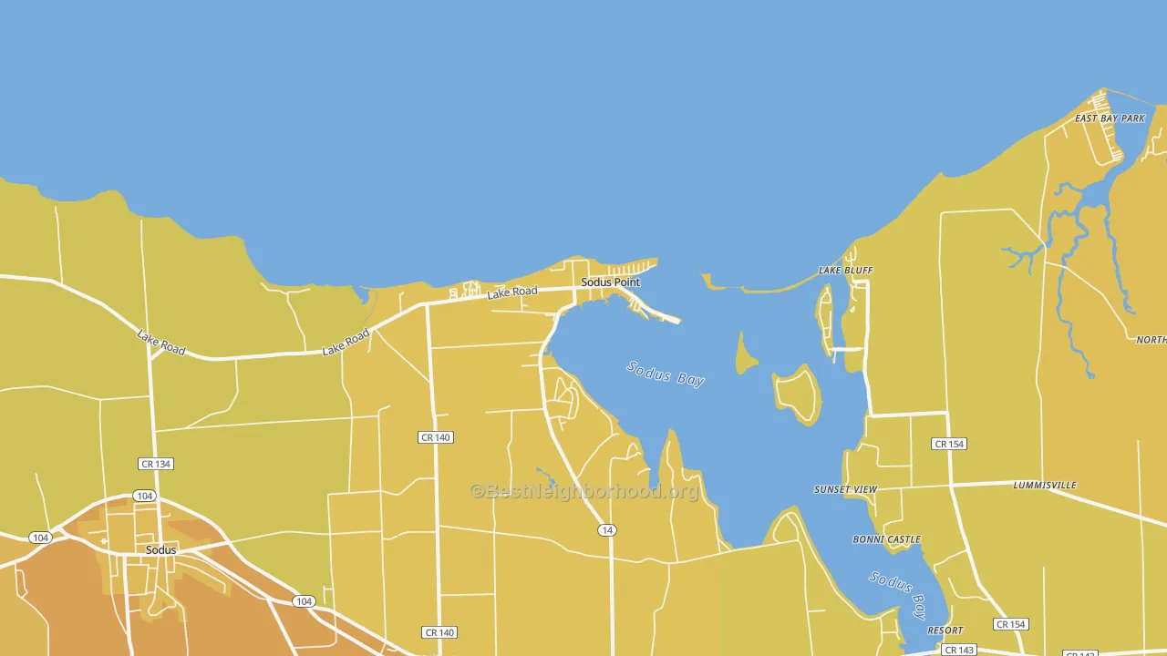Map of the best neighborhoods in the Sodus Point area, with better matches in green and worse matches in red