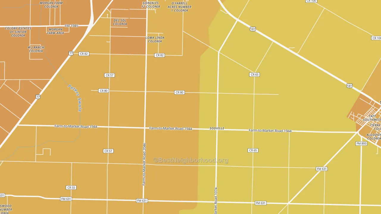 Map of the best neighborhoods in the Sodville area, with better matches in green and worse matches in red