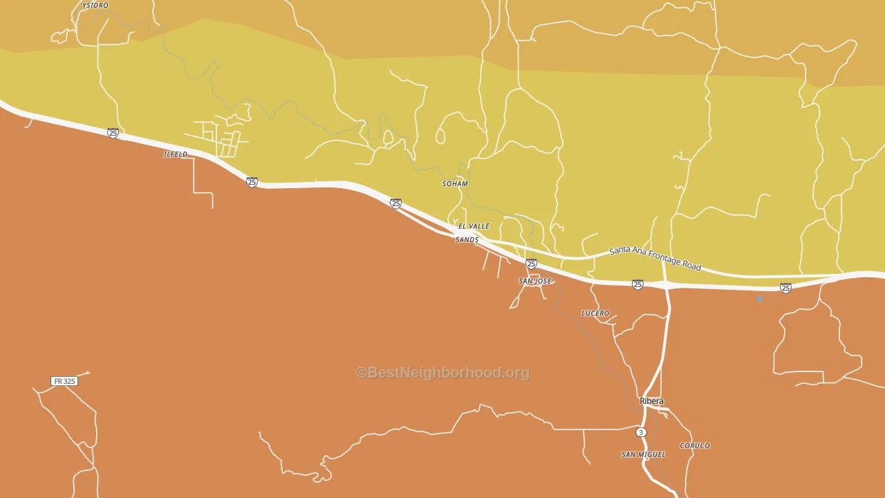 Map of the best neighborhoods in the Soham area, with better matches in green and worse matches in red