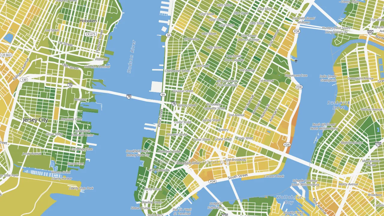 Map of the best neighborhoods in the Soho, Manhattan area, with better matches in green and worse matches in red