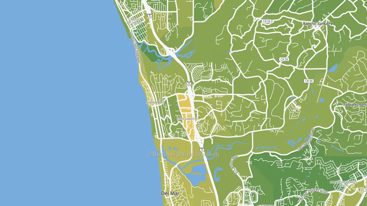 Map of the best neighborhoods in the Solana Beach area, with better matches in green and worse matches in red