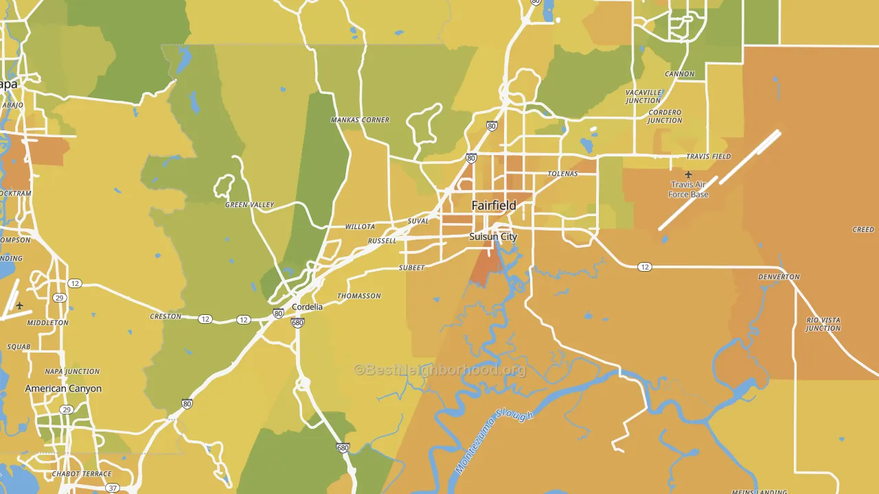 Map of the best neighborhoods in the Solano County area, with better matches in green and worse matches in red