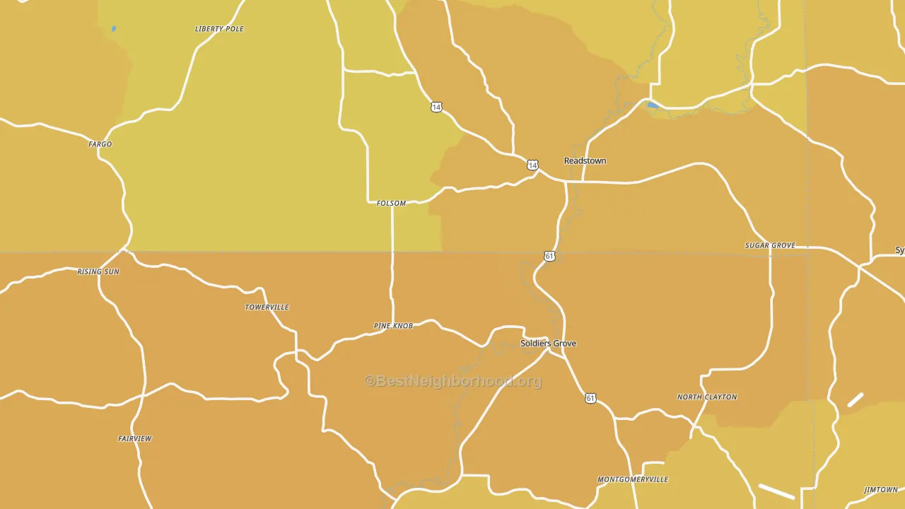 Map of the best neighborhoods in the Soldiers Grove area, with better matches in green and worse matches in red