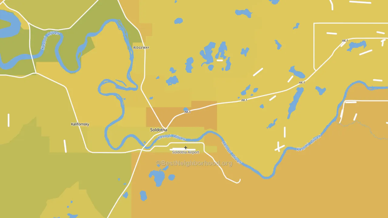 Map of the best neighborhoods in the Soldotna area, with better matches in green and worse matches in red