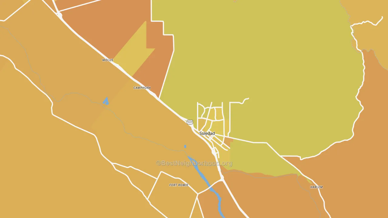 Map of the best neighborhoods in the Soledad area, with better matches in green and worse matches in red