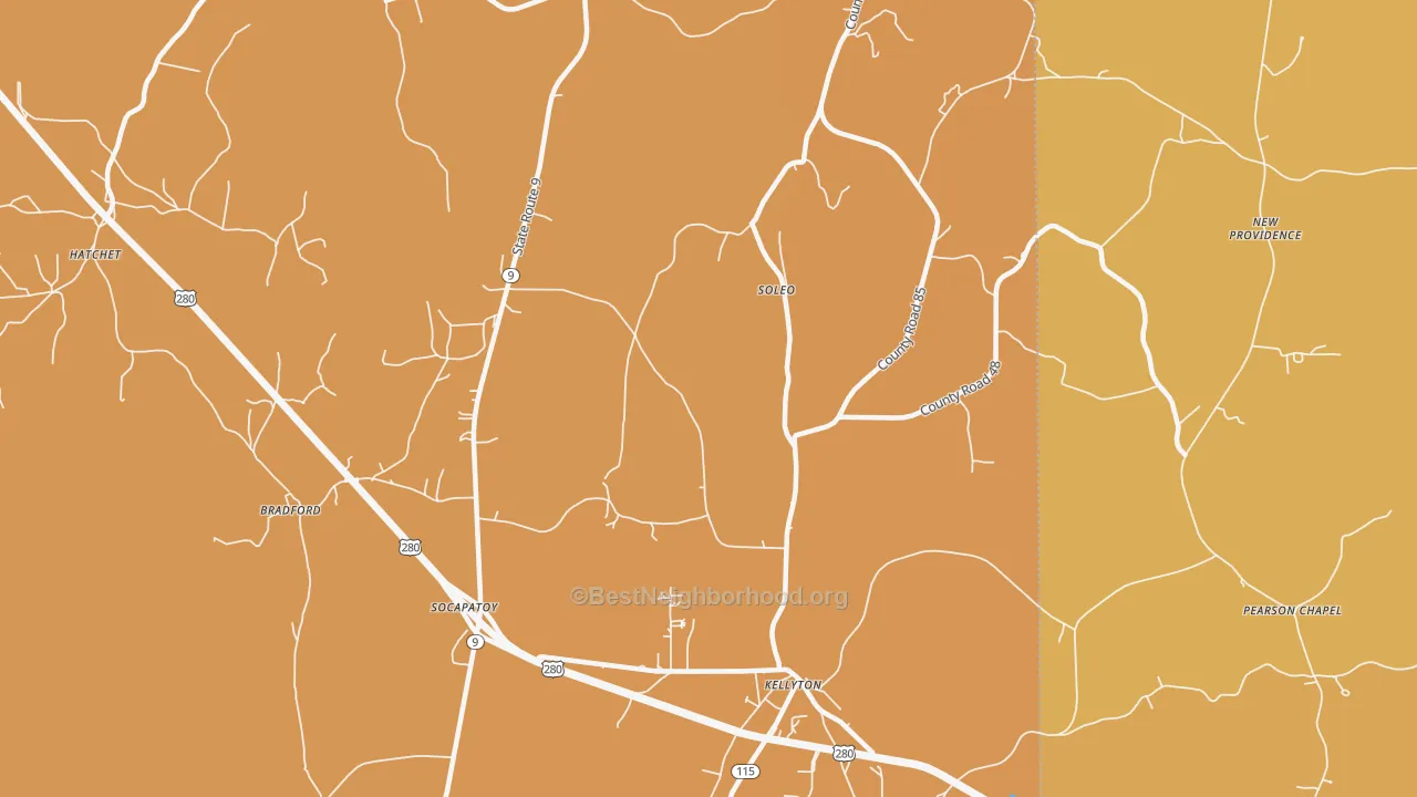Map of the best neighborhoods in the Soleo area, with better matches in green and worse matches in red