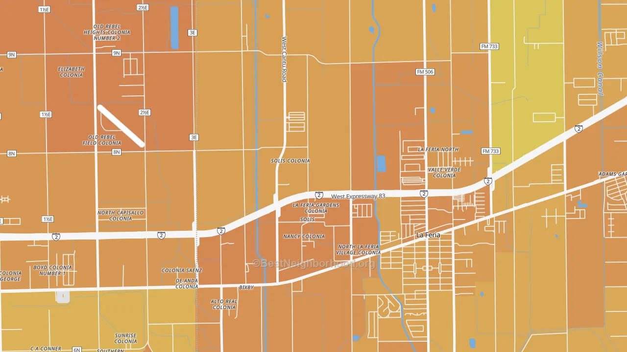 Map of the best neighborhoods in the Solis area, with better matches in green and worse matches in red