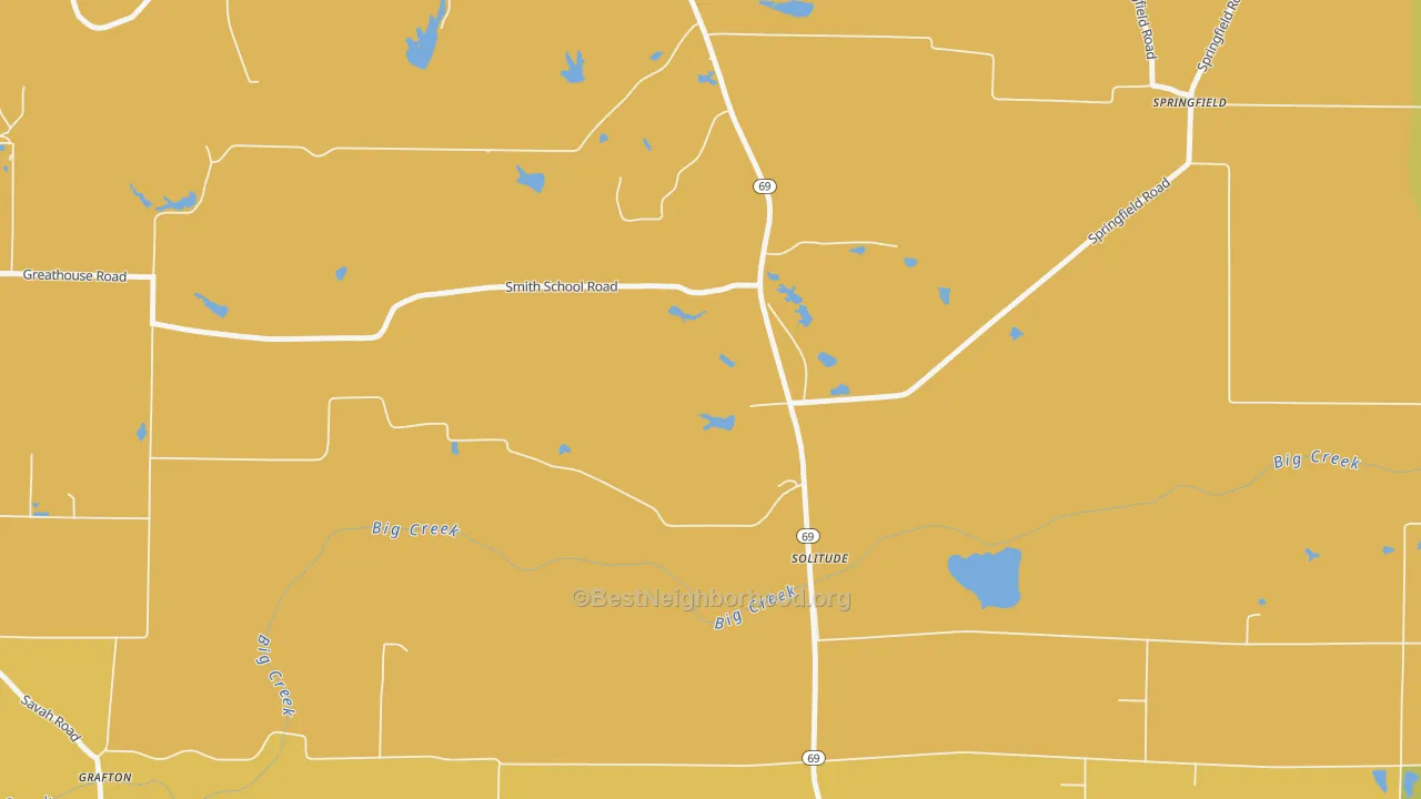 Map of the best neighborhoods in the Solitude area, with better matches in green and worse matches in red