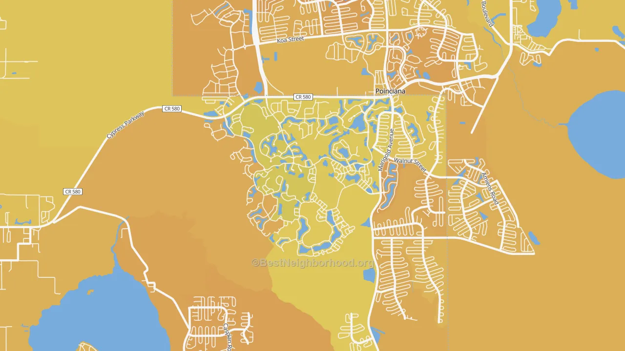 Map of the best neighborhoods in the Solivita, Poinciana area, with better matches in green and worse matches in red
