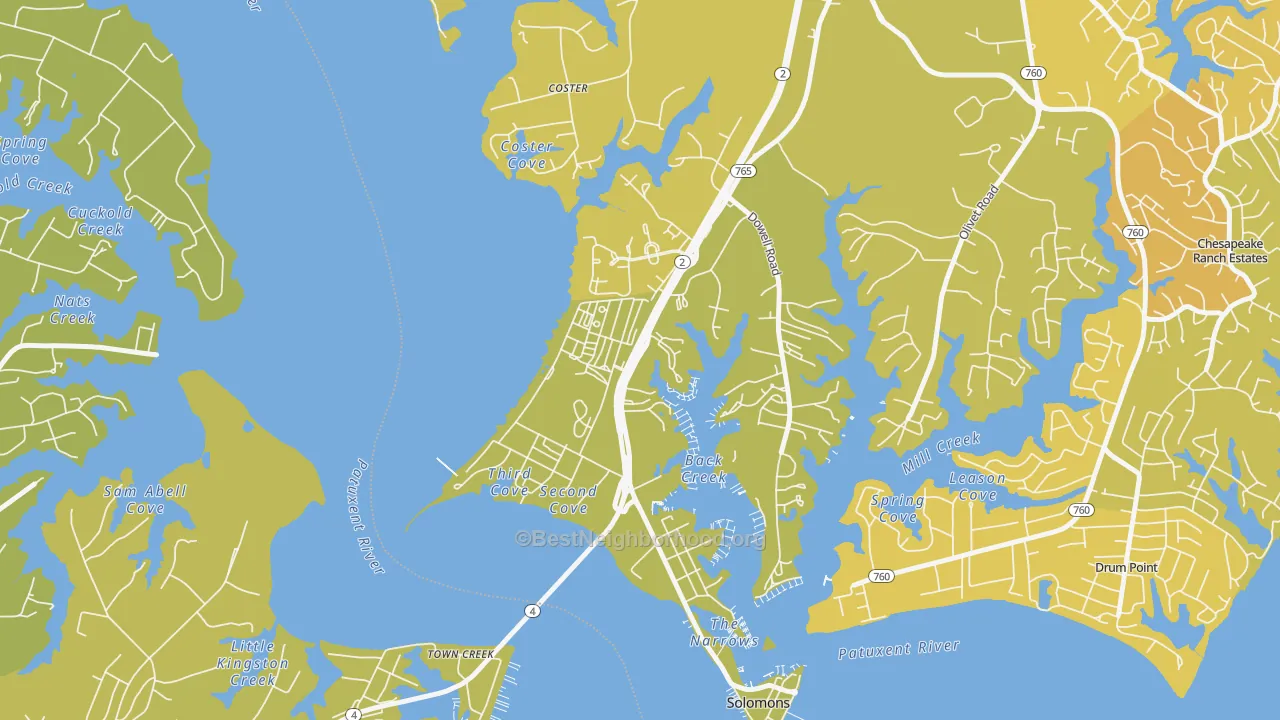 Map of the best neighborhoods in the Solomons area, with better matches in green and worse matches in red