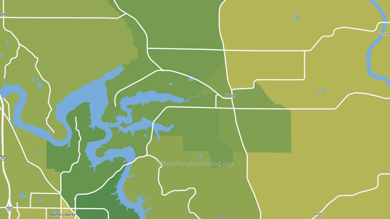 Map of the best neighborhoods in the Solon area, with better matches in green and worse matches in red