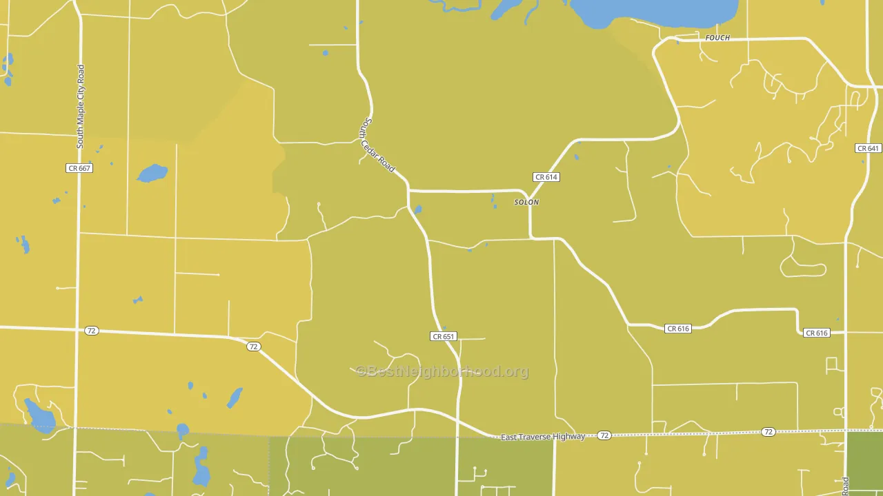 Map of the best neighborhoods in the Solon area, with better matches in green and worse matches in red
