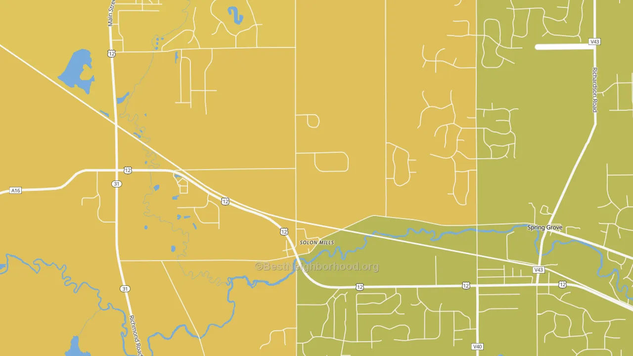 Map of the best neighborhoods in the Solon Mills area, with better matches in green and worse matches in red