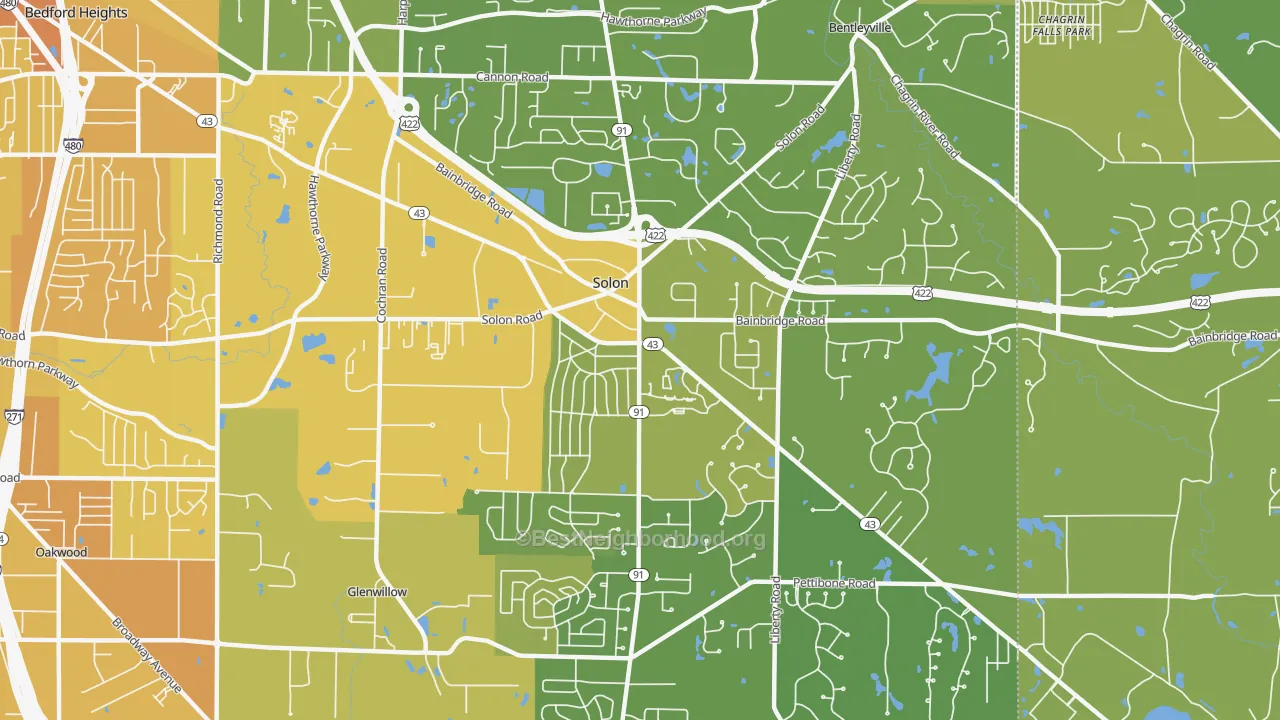 Map of the best neighborhoods in the Solon area, with better matches in green and worse matches in red