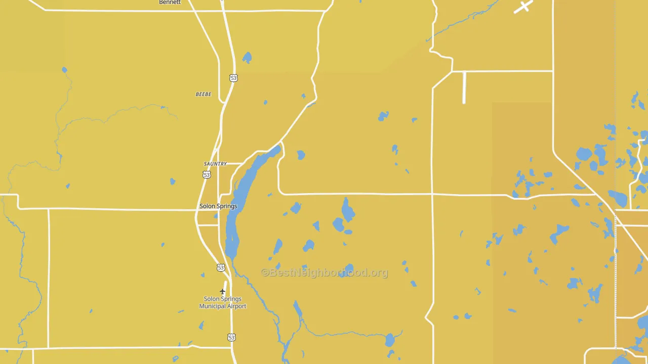 Map of the best neighborhoods in the Solon Springs area, with better matches in green and worse matches in red