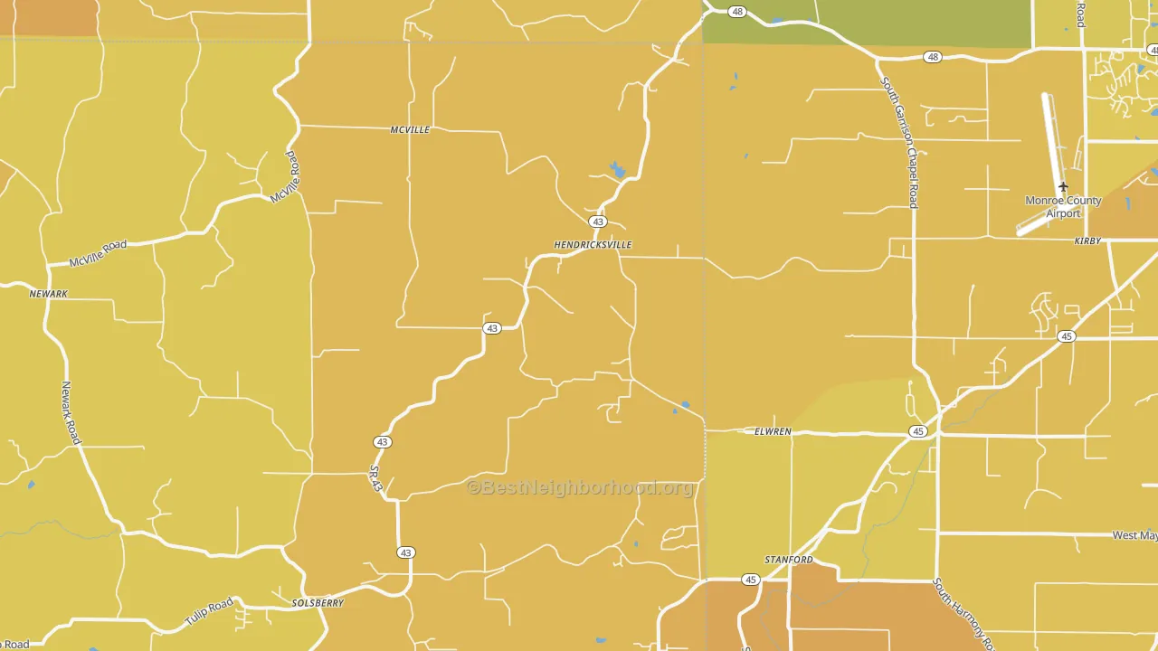 Map of the best neighborhoods in the Solsberry area, with better matches in green and worse matches in red