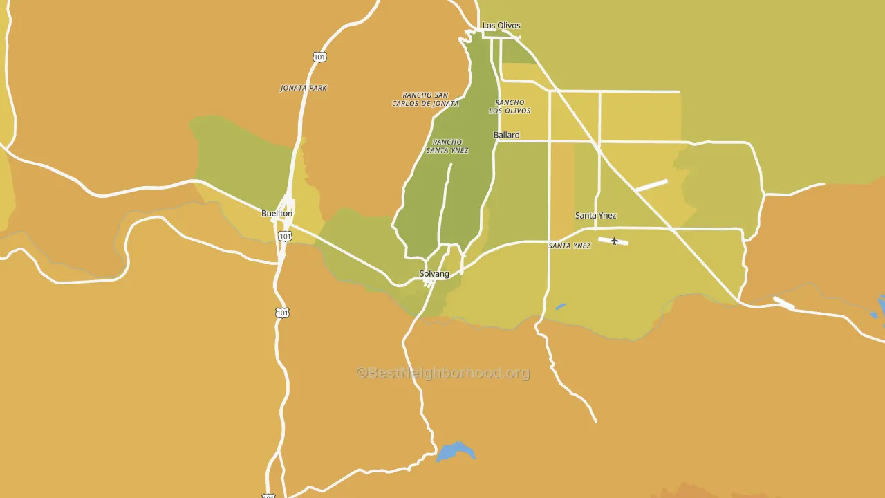 Map of the best neighborhoods in the Solvang area, with better matches in green and worse matches in red