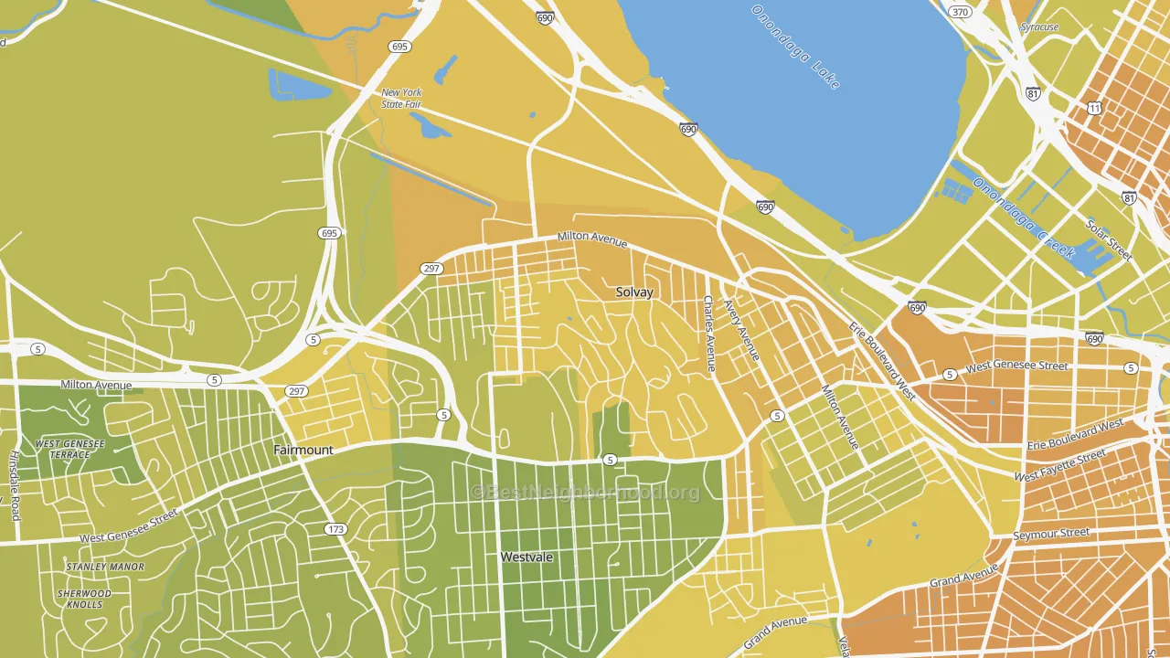 Map of the best neighborhoods in the Solvay area, with better matches in green and worse matches in red